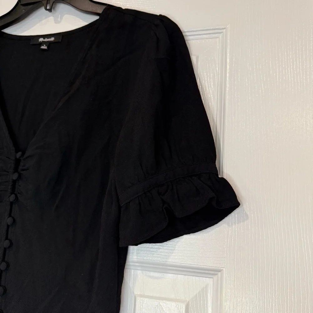 Madewell Black Fitted Button Down Blouse Ruffled Puff Sleeve Black Dressy Size 0